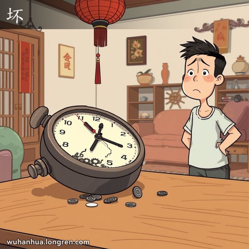 一只破旧的钟表躺在木桌上，指针停在随机的时间，钟面玻璃破裂，周围散落着一些齿轮，一位穿着休闲服装的人站在桌旁，望着钟表露出失望的表情，背景是一个温馨的客厅，装饰有传统的中国红灯笼和几只古董花瓶。