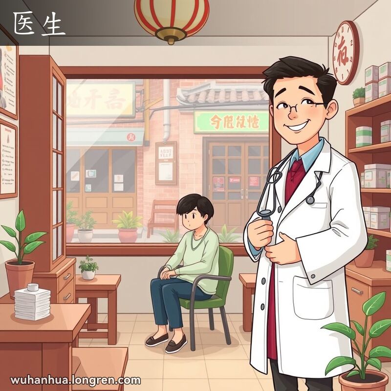 一位友善的医生在传统中医诊所内检查病人，窗外是武汉老街景