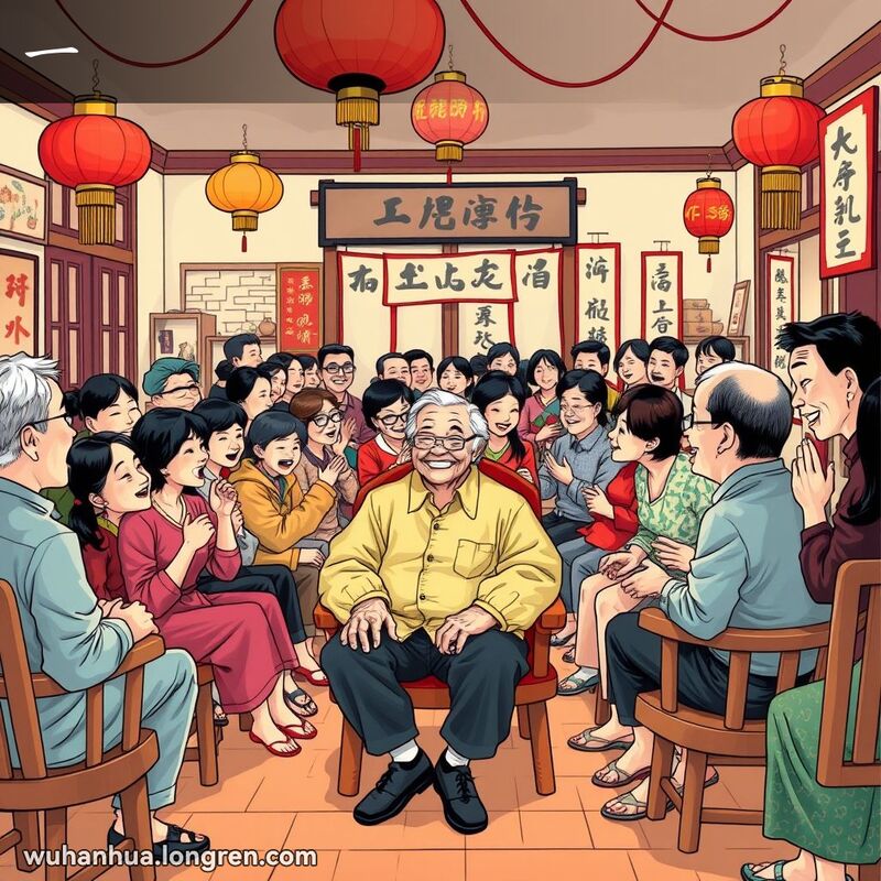 一个传统的武汉家庭客厅，房间里坐满了人，大家围坐在木椅和凳子上，聊天和欢笑，中央是一位笑容温暖的老人，背景有红灯笼和书法挂轴。