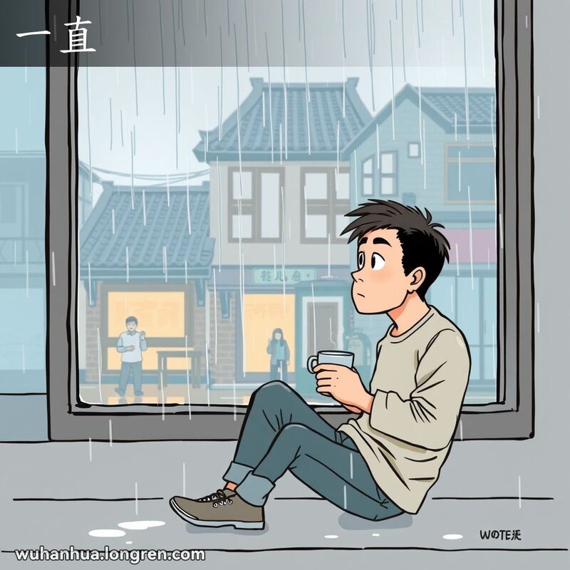 一位武汉男子坐在窗边，望着窗外持续不断的雨景，手中捧着一杯茶，神情若有所思，背景是武汉街景