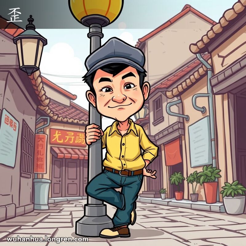 一位武汉男子歪戴帽子，穿着扣错纽扣的衬衫，倚靠在路灯杆上，背景是武汉老街的歪斜建筑