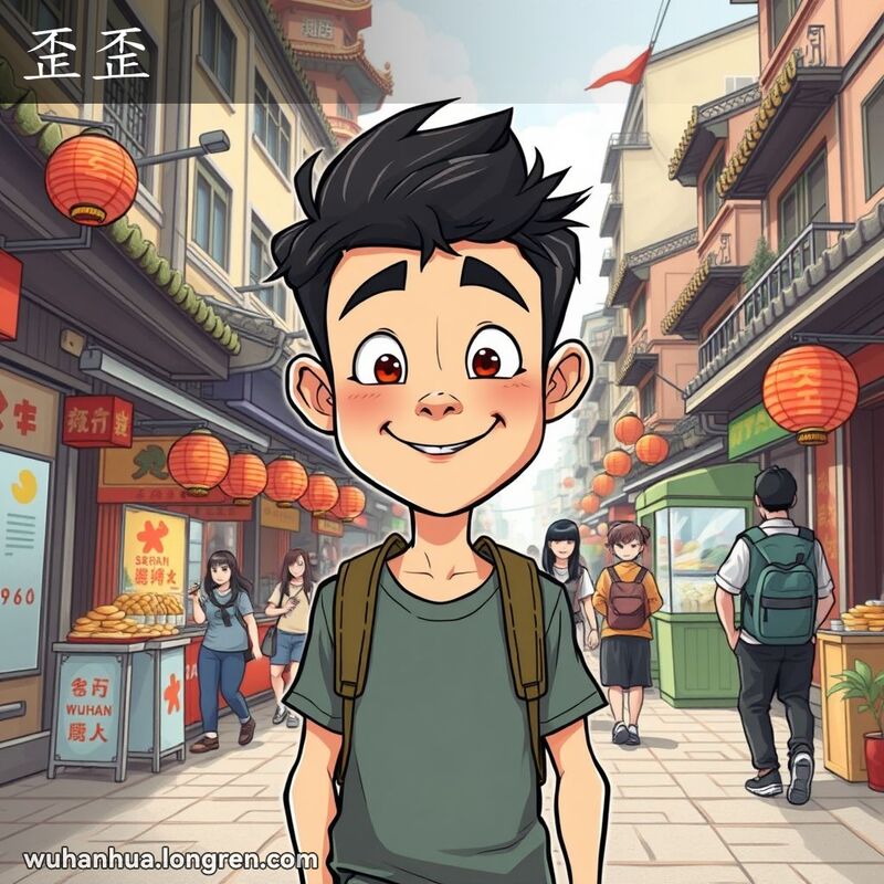 一位武汉年轻人头部和眼睛歪斜，走在繁忙的街道上，背景是武汉的传统建筑和街头小贩