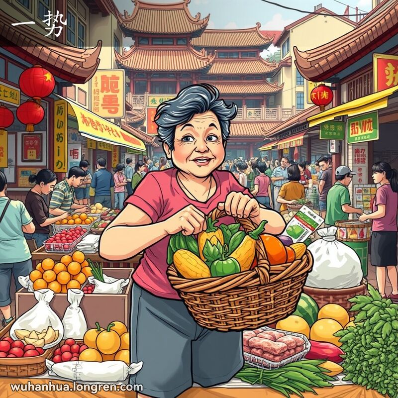 一位中年妇女在武汉市场前，用大篮子将桌上的物品一齐收起，背景是热闹的市场场景。