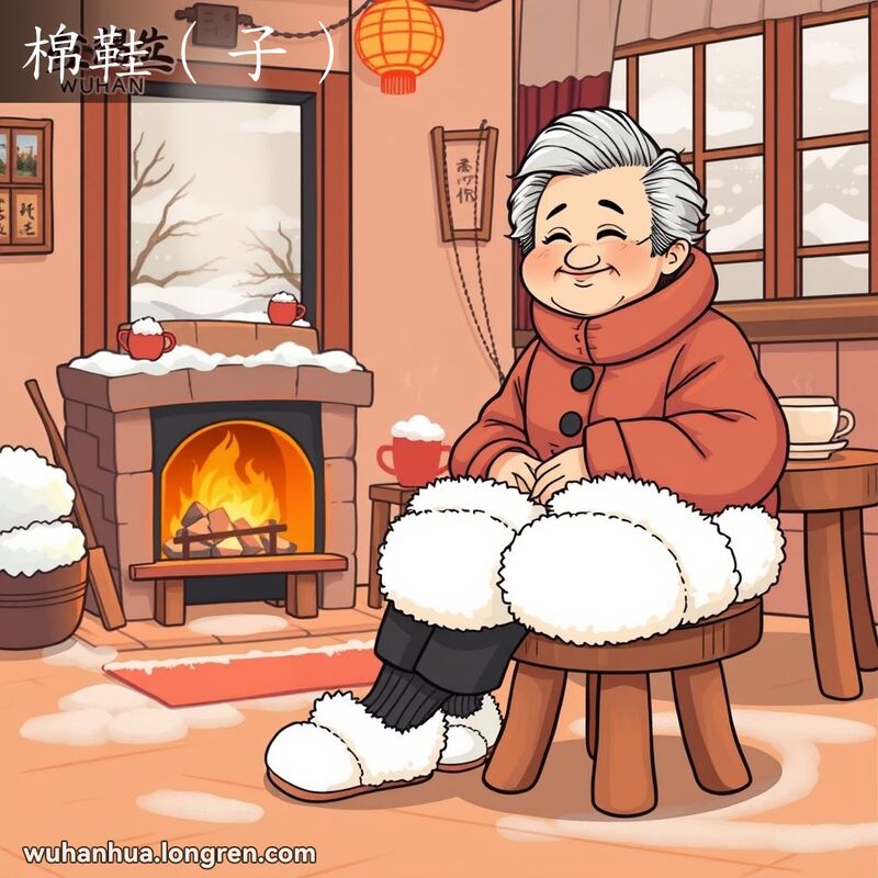 一位奶奶坐在火炉旁，穿着舒适的棉鞋，背景是温馨的武汉冬季家庭场景。