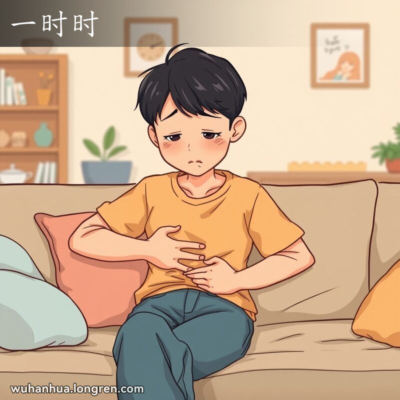 一个年轻人坐在沙发上，捂着肚子，脸上露出痛苦的表情，背景是温馨的客厅，表现“一时时”的含义