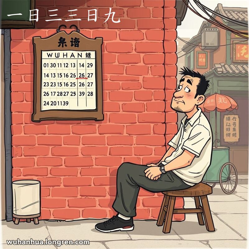 一位武汉男子坐在木凳上，面前挂着老式日历，望着日历露出若有所思的表情，背景是武汉老街景