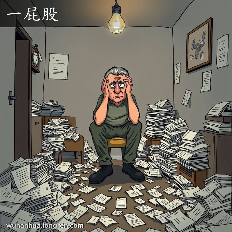 一位男子坐在小凳子上，周围堆满了未付的账单和收据，房间凌乱不堪，他看起来非常疲惫和困扰，双手抱头，脸上露出担忧的表情。
