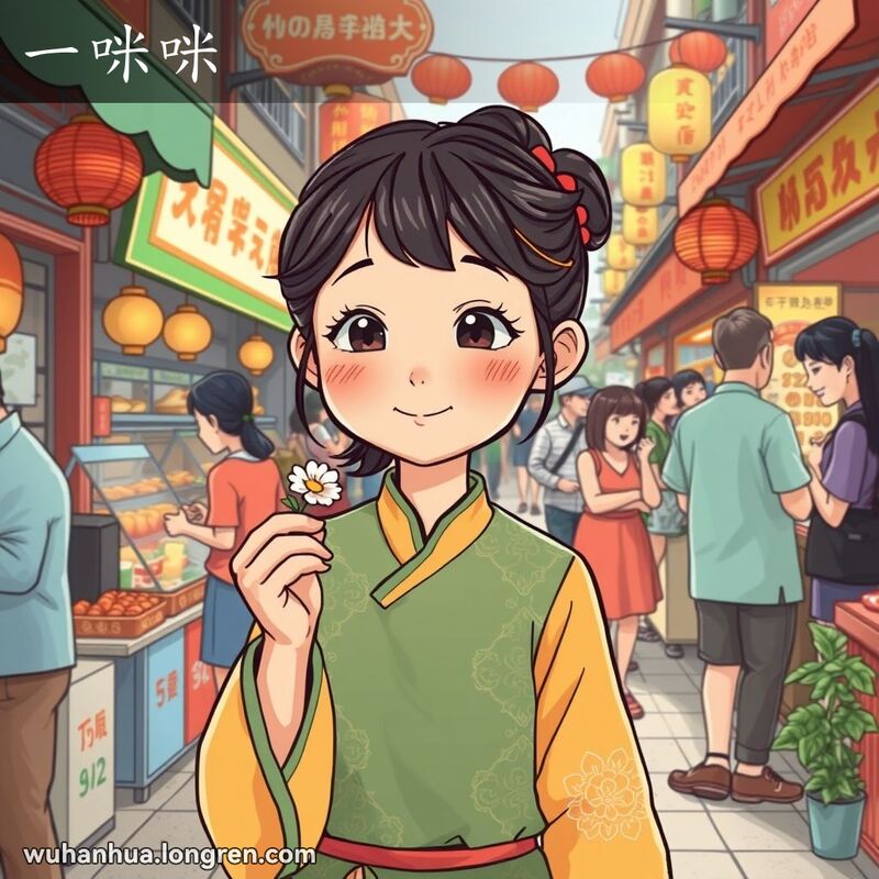 一位年轻女孩在武汉街头市场中手捧小花，背景是热闹的市场摊位和欢快的人群。