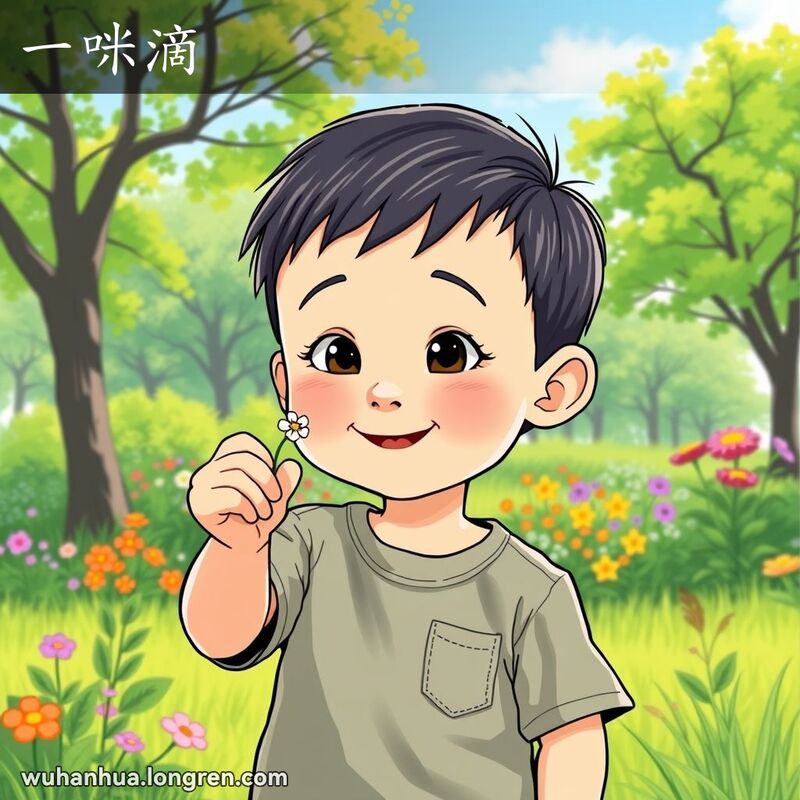 一位武汉小孩在公园里捏着小花，脸上露出“一咪滴”的好奇表情，背景是绿意盎然的公园