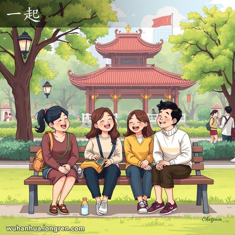 一群朋友在公园长椅上坐在一起，欢声笑语，背景是茂密的绿植和传统的中式亭子