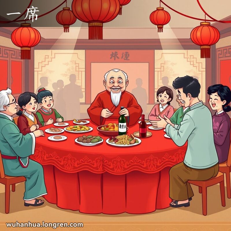 一位武汉长者在宴会上被引导到首席位置，背景是传统的中国宴会场景，桌上摆满美食，红灯笼高挂。