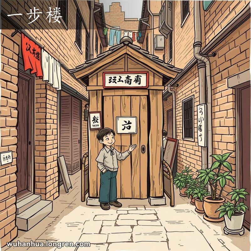 武汉老巷子里的公共厕所，一位居民友好地指向厕所入口，背景有晾晒的衣物和盆栽植物。