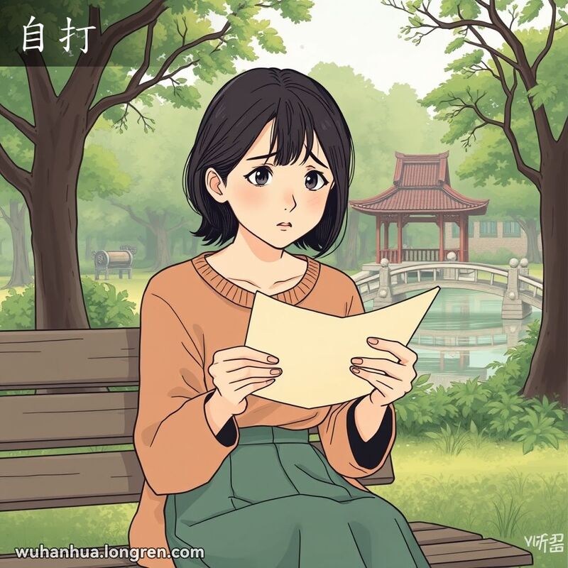 一位武汉女子坐在公园长椅上，手持一封信，神情忧虑，背景是绿意盎然的公园和中式建筑