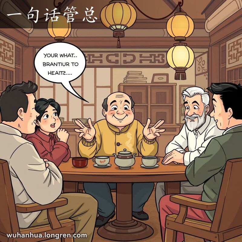 一群朋友在武汉茶馆里围坐，主角用手势总结讨论，背景有传统茶具和灯笼