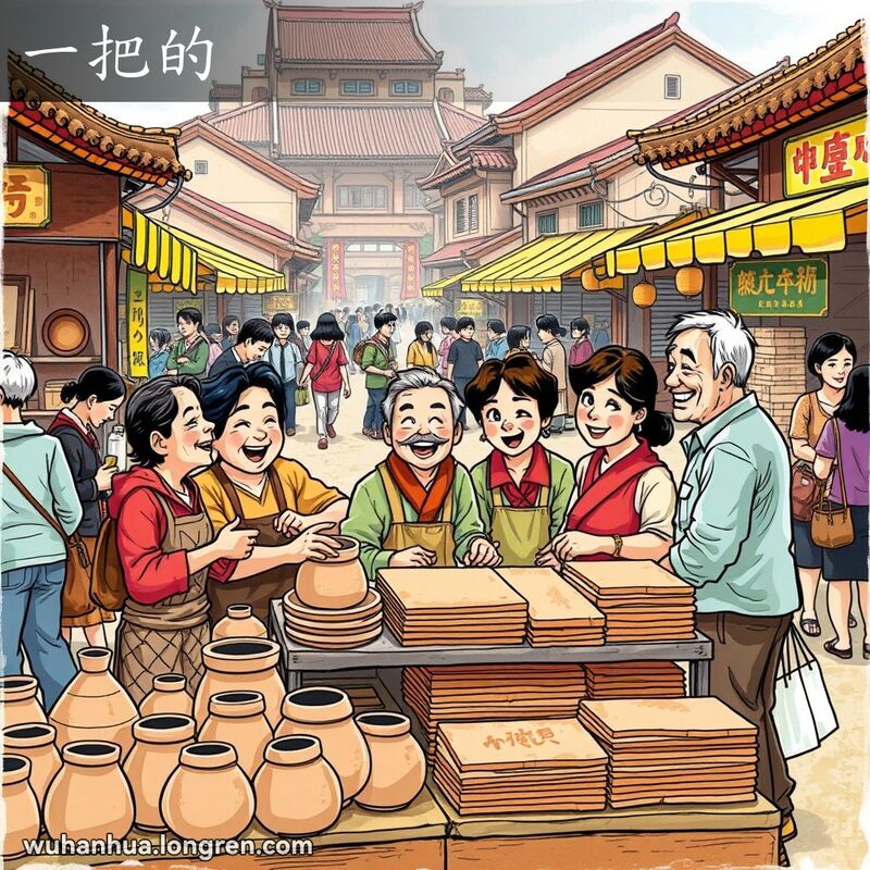 一群人在武汉传统市场的摊位前交谈，展现团结和友好的氛围，背景是热闹的市场场景