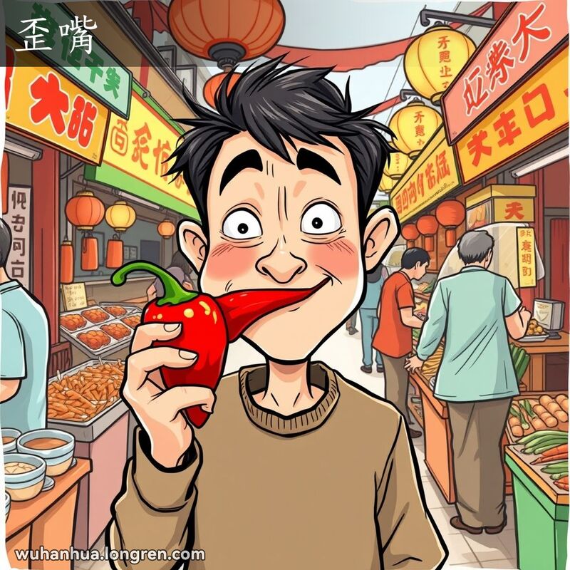 一位嘴巴歪斜的人物手持大红辣椒，站在武汉街头市场中，背景是繁忙的市场摊贩。