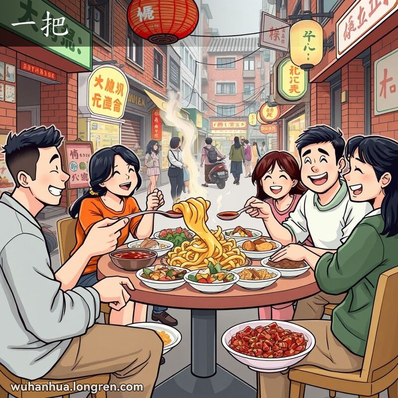 一群朋友在武汉街头小吃摊前聚餐，一人手持大勺子舀起一大份食物，背景是武汉老街景