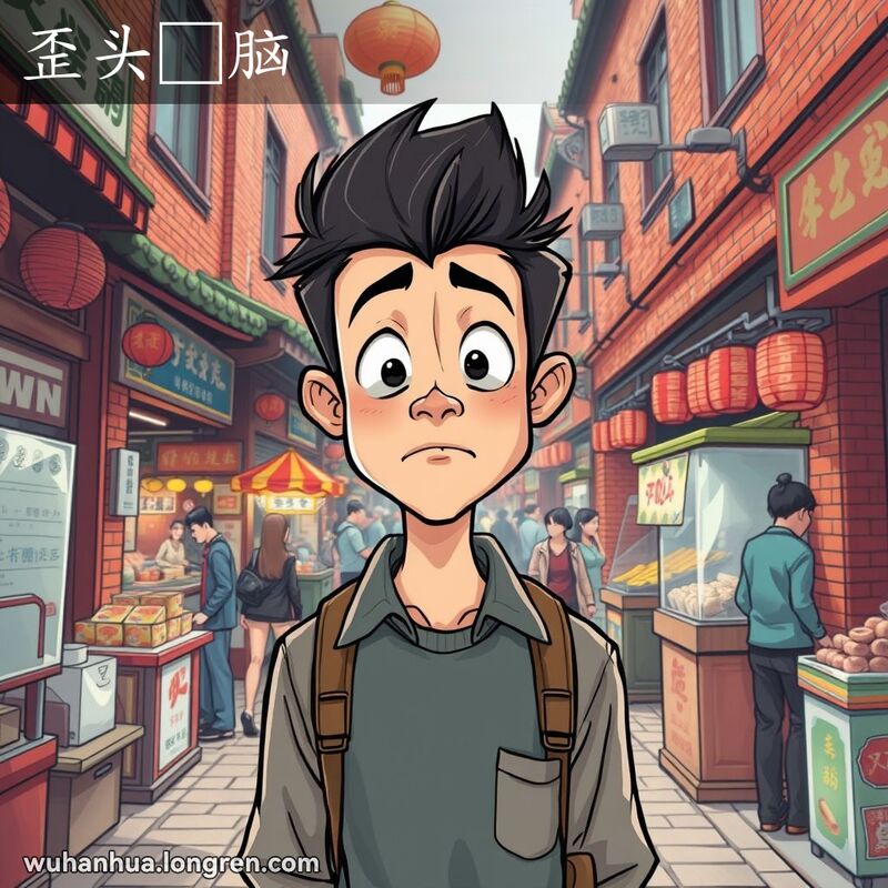 一位年轻男子在武汉街头市场中，头部倾斜，脸上带着困惑的表情，背景是红砖墙和传统店铺。