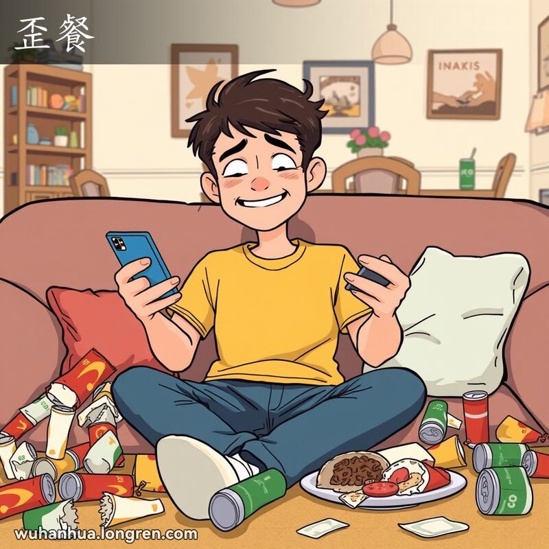 一个年轻人坐在沙发上，周围是零食包装和空饮料罐，手拿薯片和手机，表情满足但略带内疚，背景是半吃的正餐