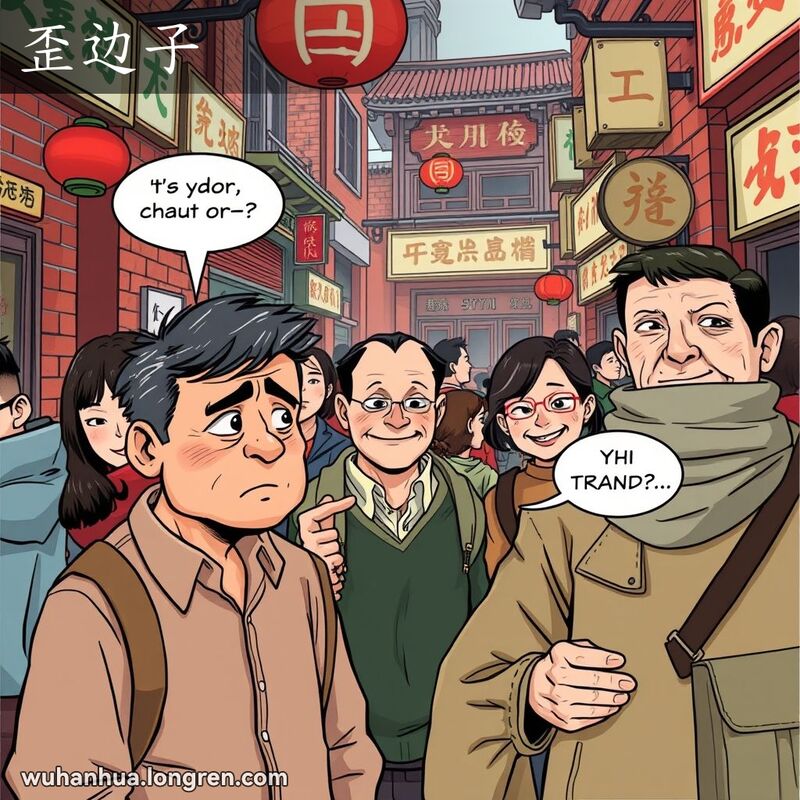 一群人在武汉街市中，主角指着一个形迹可疑的小贩，背景是红砖墙和老式招牌。