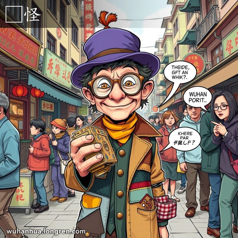 一个穿着奇装异服的人物站在武汉街头市场中，手持怪异物品，吸引路人注意，背景是武汉传统街景