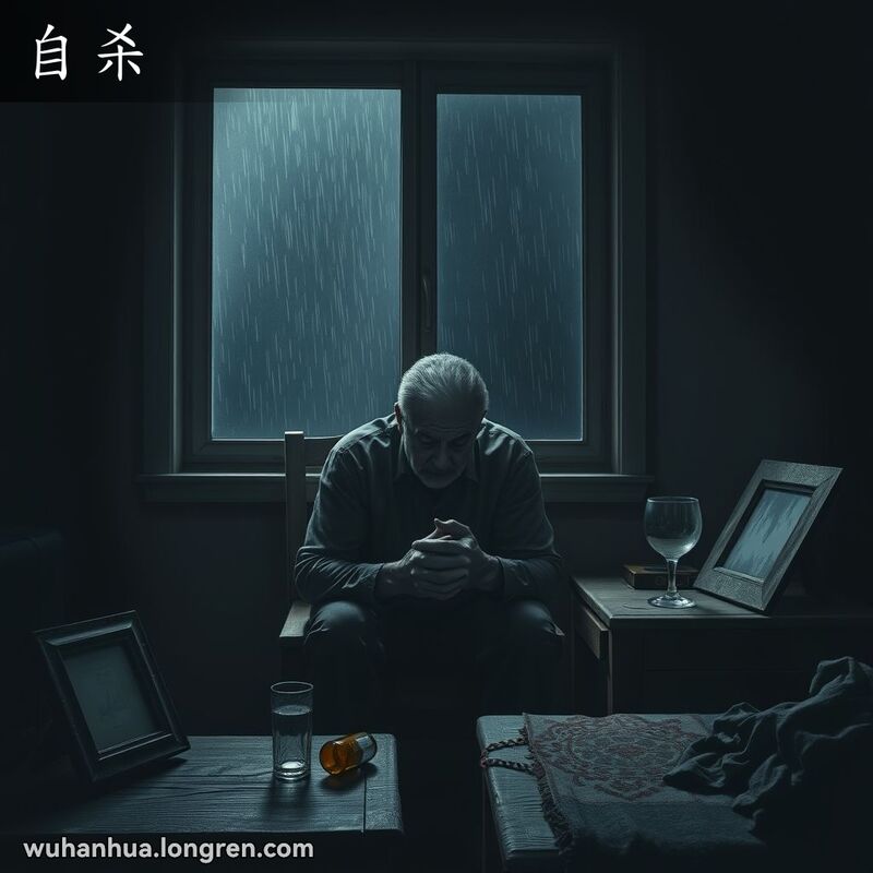 一个阴暗的房间里，一位中年人坐在椅子上，低头握手，眼神绝望，桌上有空药瓶和水杯，暗示自杀的念头。