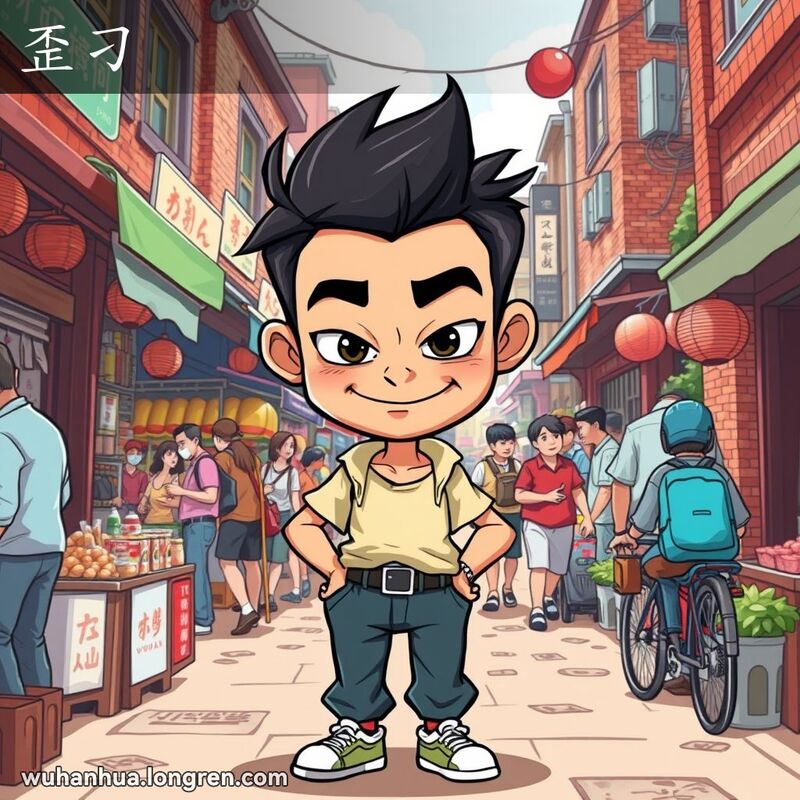 一位表情狡黠的人物站在武汉街头市场中，背景是热闹的老街景
