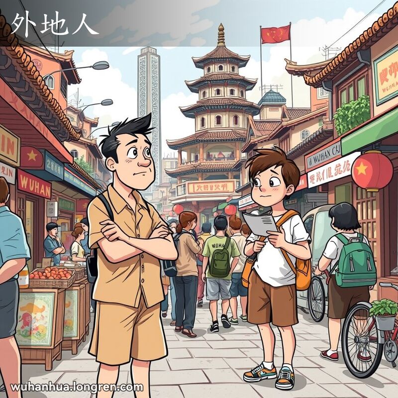 一位武汉本地人在街头指路给一位手持地图的外地游客，背景是武汉的标志性景点。