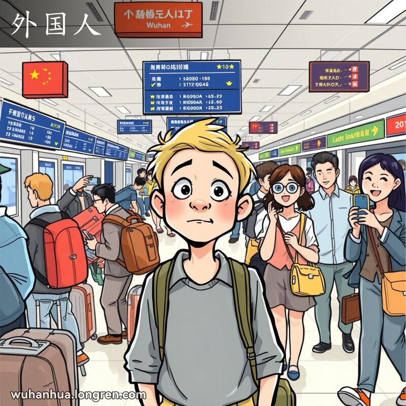 武汉机场航站楼内，一位当地市民好奇地观察着周围的外国人，背景有机场标志和匆忙的旅客。