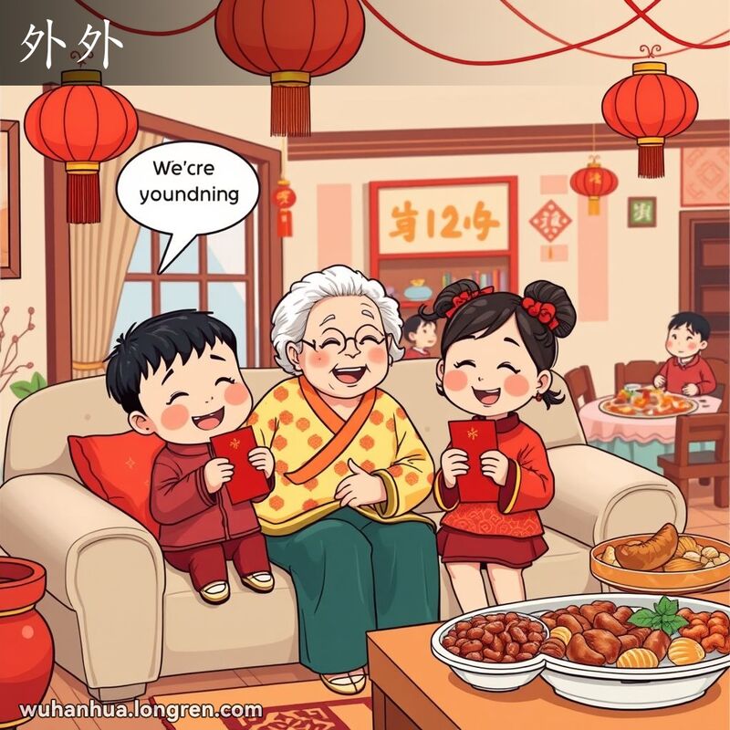 奶奶在新年客厅里亲切地称呼外孙和外孙女为“外外”，背景是传统的中国新年团圆饭。