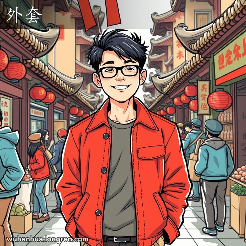一位武汉年轻人站在市场中，身穿时尚外套，背景有其他顾客和热闹的市场景象