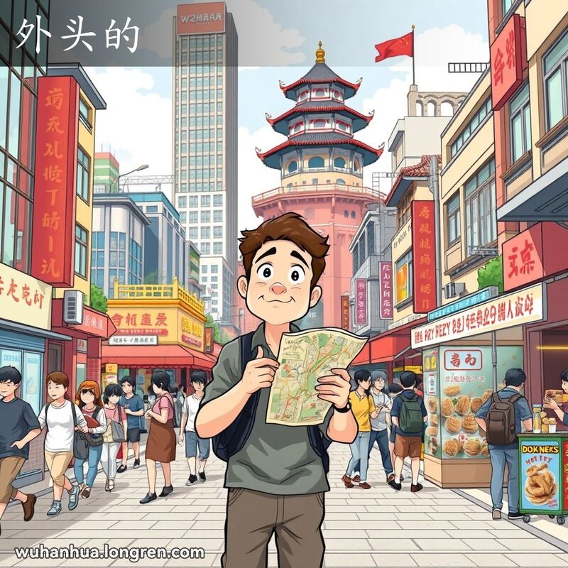 一位外地人站在武汉街头，手持地图，露出好奇且迷茫的表情，背景是黄鹤楼和长江大桥。