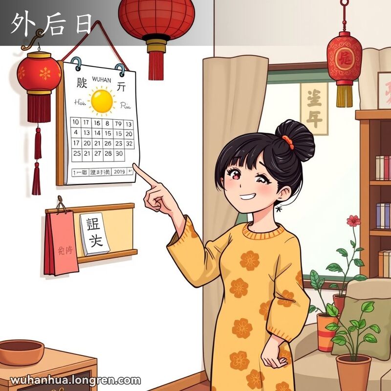 一位武汉女子在公寓里指着日历上三天后的晴天，脸上带着期待的笑容，房间里有红灯笼和小盆栽。