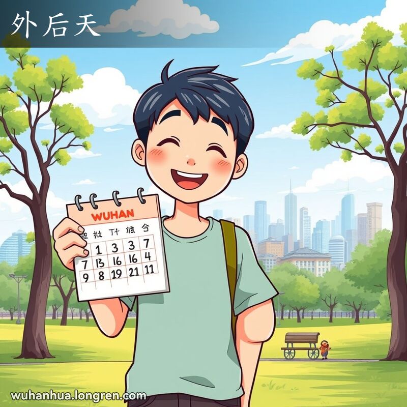 一位武汉年轻人站在公园里，手持日历，指向三天后的日期，脸上带着兴奋的笑容，背景是阳光明媚的蓝天、绿树和远处繁忙的城市景观