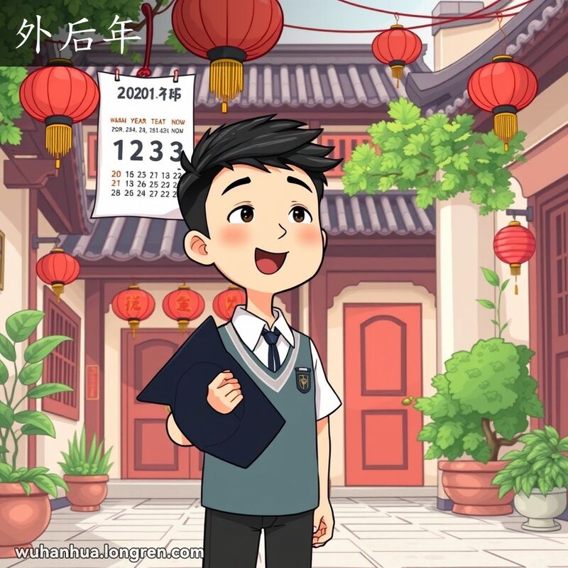 一位武汉学生在庭院中手持毕业帽，望着三年后的日历，背景是武汉传统建筑和红灯笼