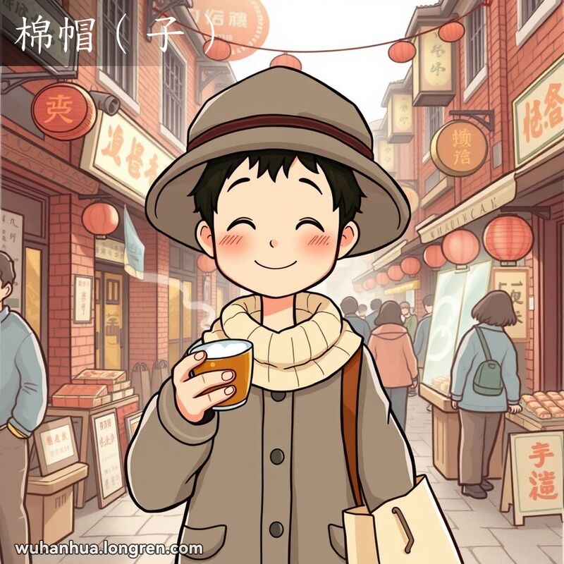 一位戴着传统中式棉帽的人站在武汉街市中，背景是老街景