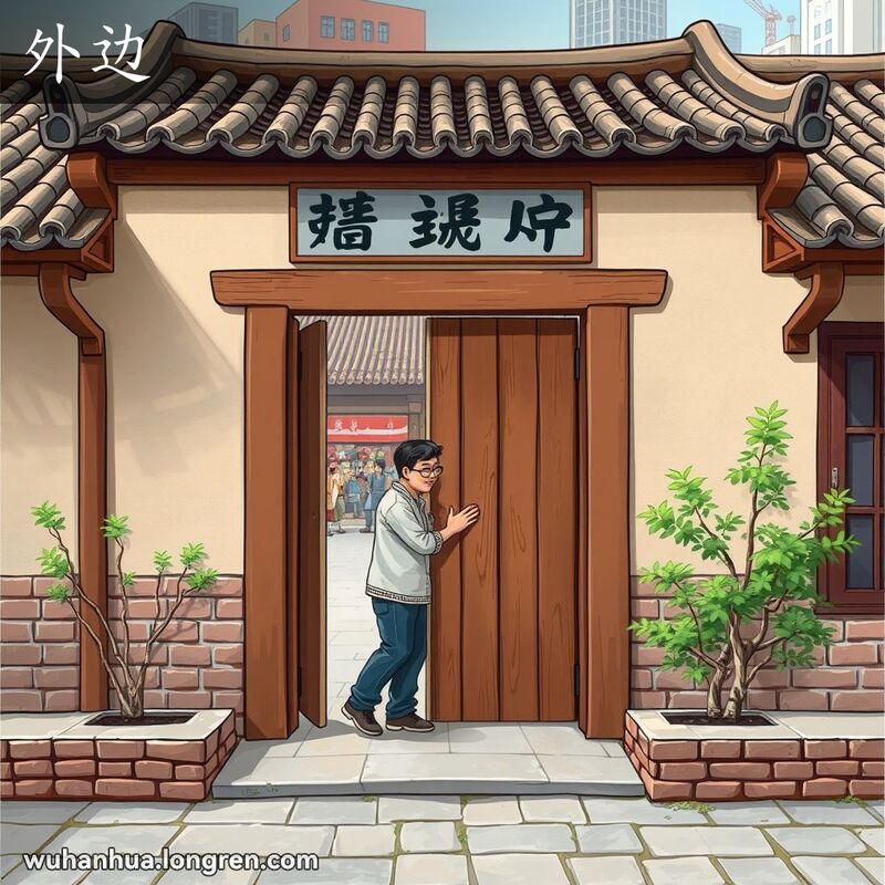 一个人在武汉老院子的木门外敲门，院子周围有矮砖墙和几棵树，背景是繁忙的城市生活。