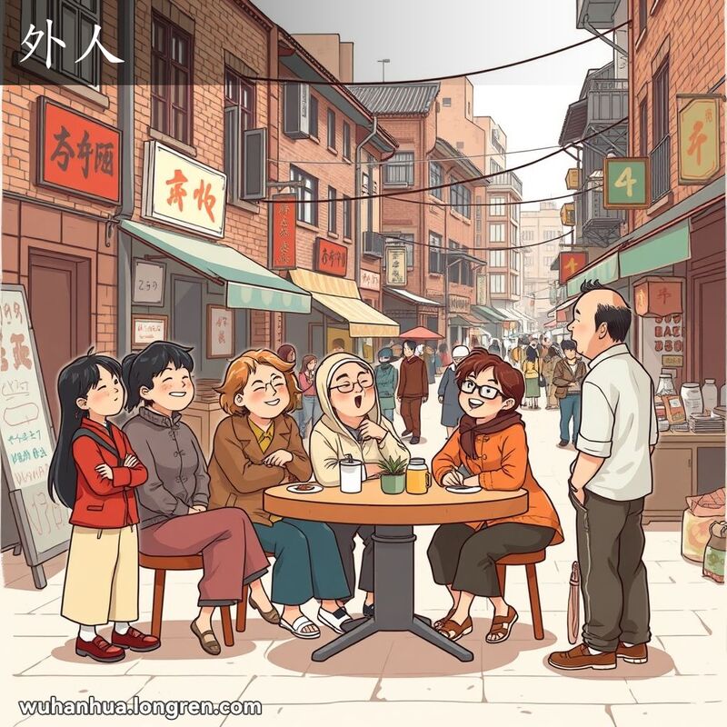 一条传统的武汉街道，本地居民围坐聊天，一位陌生人站在附近，显得格格不入，背景有街头小贩和市场。