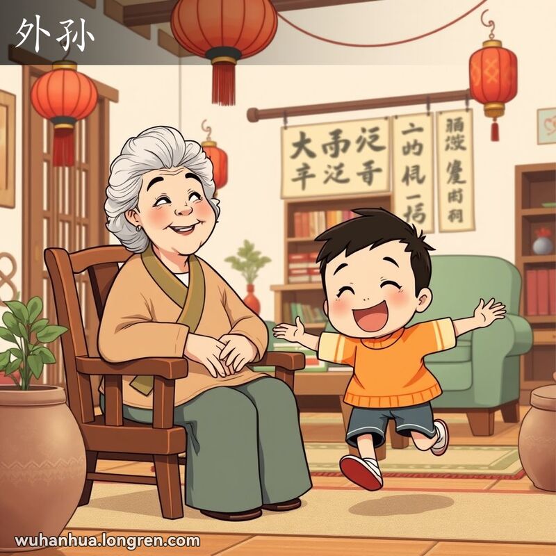 一位老奶奶和她调皮的外孙在温馨的家庭聚会中，背景是传统的中国装饰