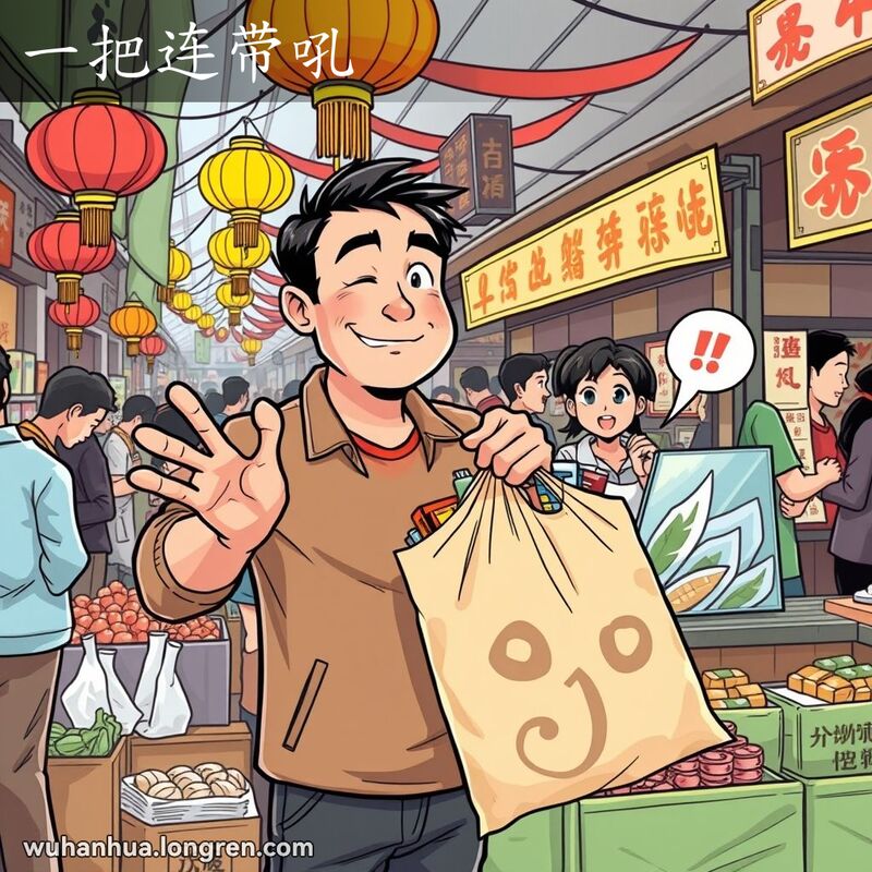 一位男子在武汉市场上提着大袋子，做出夸张手势，摊主露出惊讶表情，背景是热闹的市场