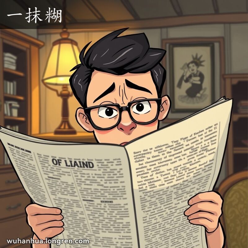 一个戴眼镜的人在昏暗的房间里试图阅读模糊的报纸，露出困惑的表情