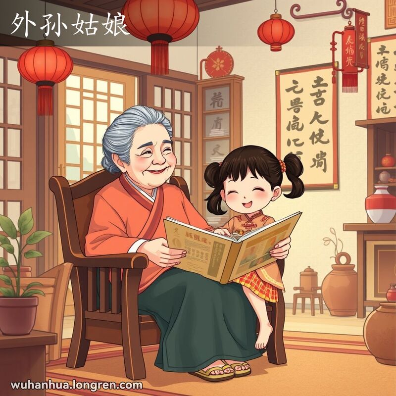 一位武汉老奶奶在客厅里抱着她的外孙女，两人正在看故事书，背景是传统的武汉家庭客厅
