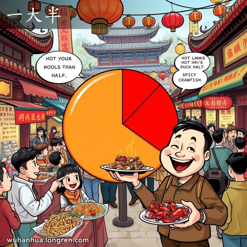 武汉市场中，饼状图显示一大半红色部分，周围是热闹的摊位和讨论的人群，主角手持一大盘食物，笑着指向饼状图。