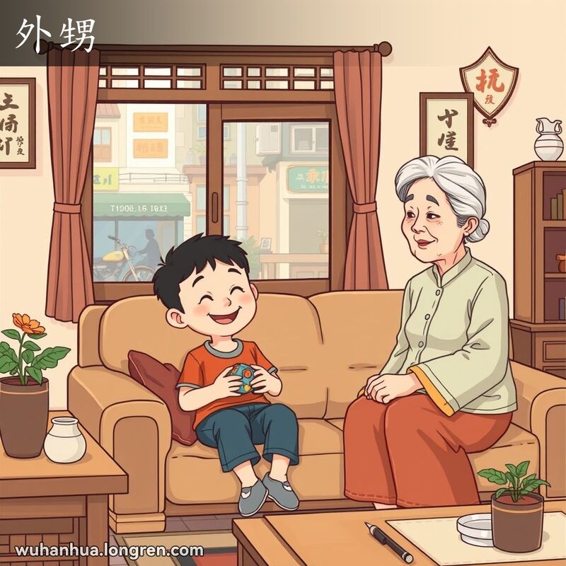 一位武汉阿姨和她的外甥在客厅里，外甥手拿玩具，露出开心的笑容，阿姨慈爱地看着他，背景是武汉的传统家庭环境。