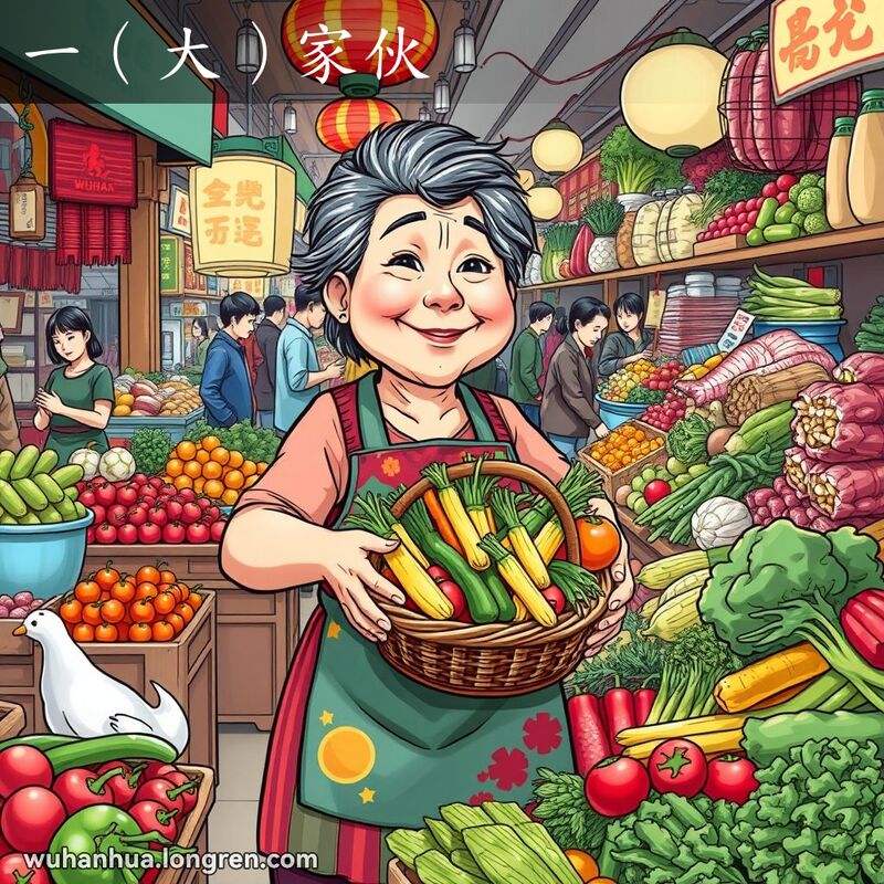 武汉传统市场，中年妇女手持满篮蔬菜，背景摊位堆满各种商品，人们忙着讨价还价。