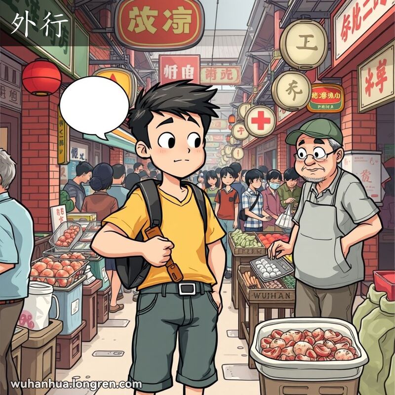 一位年轻男子在武汉市场中手持工具，表情困惑，旁边摊贩看着他，背景是武汉老街景