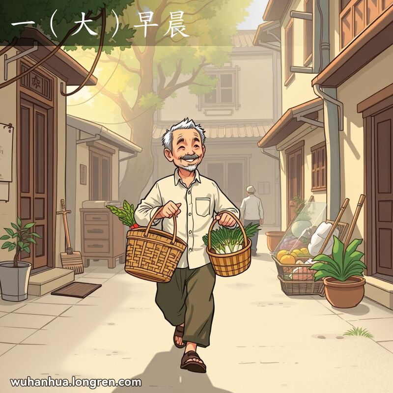 武汉清晨，一位老人挎着竹篮走向市场，背景是老街和早起的居民