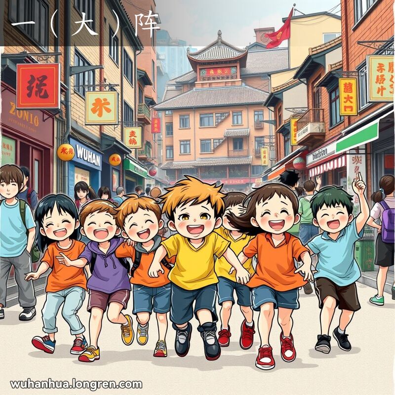 一群孩子在武汉街头玩耍，背景是老街景，表现“一（大）阵”的意思