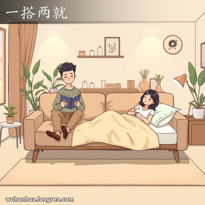 一对年轻夫妇在客厅中使用沙发床，展示“一搭两就”的功能