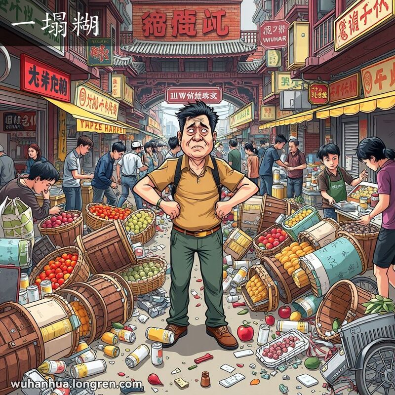 武汉街头市场混乱不堪，男子站在中间显得困惑和沮丧，周围是翻倒的篮子和破损的物品，人们匆忙清理。